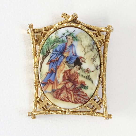 Arthur Pepper Jewelry - Vintage Art Arthur Pepper Asian Geisha Cameo Porcelain Gold Tone Bamboo Brooch